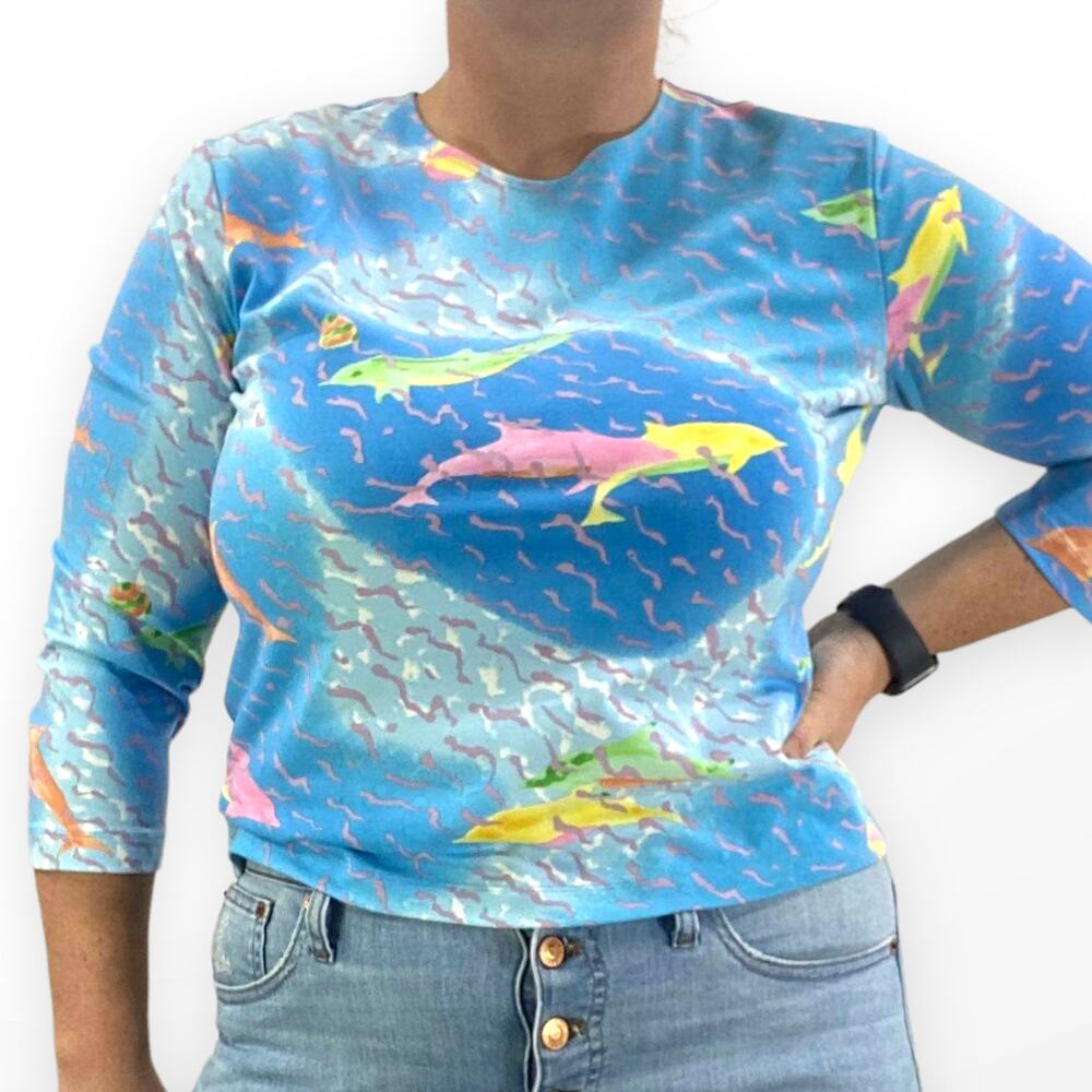 00s LEGGIADRO Vintage Blue Dolphin Ocean Print Quartered Sleeve Shirt - Picture 7 of 7